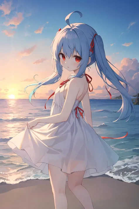 ((best quality:1.2,ultra detailed:1.8,solo,from side:1.7,reflection sky on the ocean,turn around)),
(kawaii ghost girl walking in the beach:1.6,hand behind,barefoot,beach,fine weather,sunset),
((skyblue hair:1.5,short low twintails,hair intakes:1.3,ahoge:1.1,red eyes,little chest,white summer dress,red ribbon))
(open mouth:0.5)