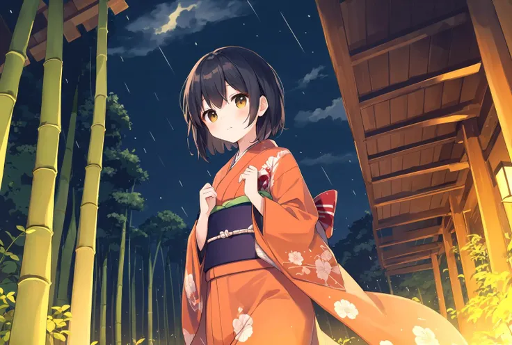 (masterpiece, best quality), cute girl, (kawaii:1.1), little girl, red kimono, short hair, black  hair, looking at sky, bamboo forest, rain, cowboy shot, night sky