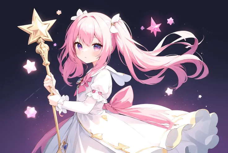 (masterpiece, best quality), cute girl, (kawaii:1.1), little girl, twin tails, pink hair, magical girl, fluffy dress, sparkling eyes, holding magical stick, sparkling background, cowboy shot, v,