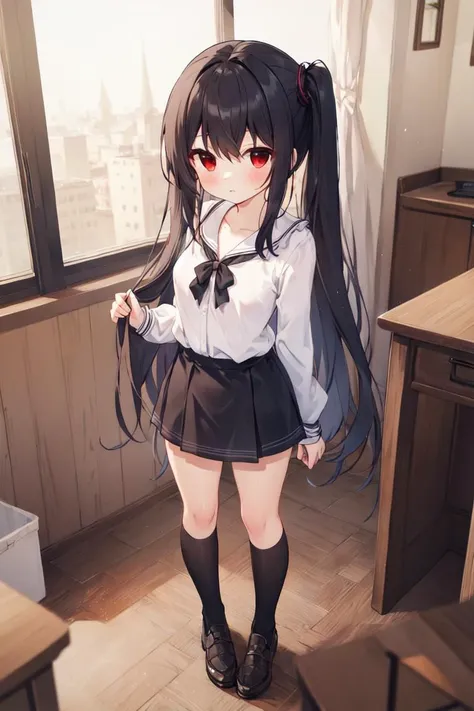 (masterpiece:1.2),best quality,perfect anatomy,extremely detailed,
BREAK
cute girl,shiny skin,solo,very long hair,small breasts,
cute eyes,(red eyes:1.3),(black hair:1.3),
BREAK
white shirt,black skirt,
BREAK
classroom,
BREAK
looking at viewer,character focus,full body,standing,
BREAK