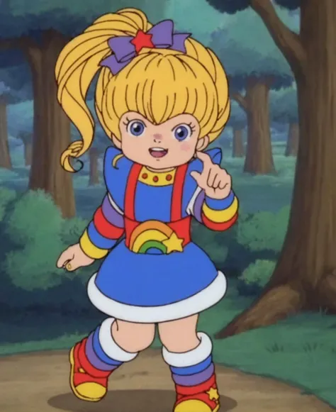 score_9, score_8_up, source_anime, highly detailed, BREAK, rainbow brite, (in a forest) running toward viewer, girl, <lora:Rainbow Brite:0.8>, rainbow brite