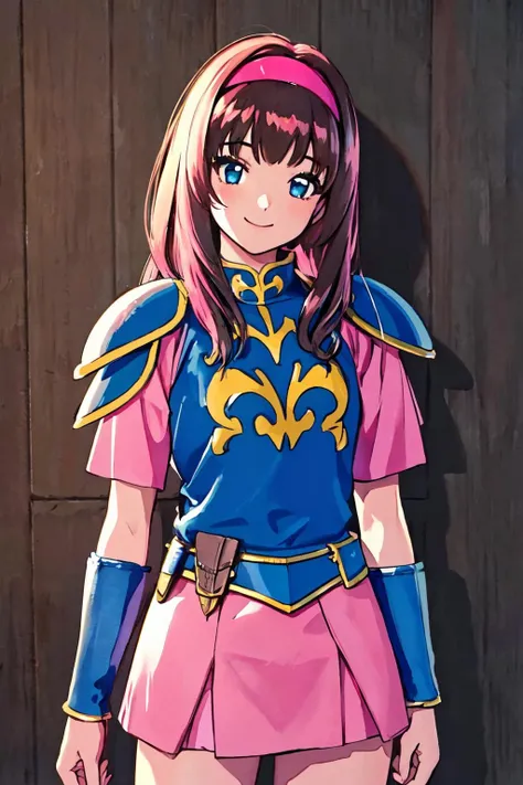 <lora:PSarisaV1:0.8> arisa,sword, brown long hair, pink hairband, blue armor, pink mini skirt,
(best quality, masterpiece, RAW photo,ultra-detailed:1.2), <lyco:GoodHands-beta2:1.0>,1girl,solo,looking at viewer,smile