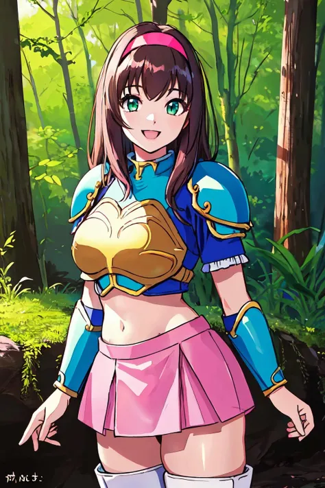 <lora:PSarisaV1:0.7> arisa, brown hair,long hair, pink hairband, blue armor, pink mini skirt, green eyes, white thighhighs, large breasts,nature, white boots, navel,:D, upper body,
(best quality, masterpiece, RAW photo,ultra-detailed:1.2), <lyco:GoodHands-beta2:1.0>,1girl,solo,looking at viewer,smile