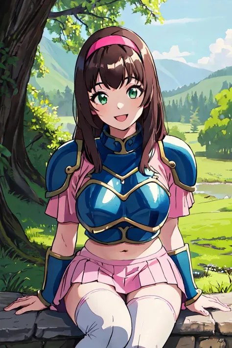 <lora:PSarisaV1:0.7> arisa, brown hair,long hair, pink hairband, blue armor, pink mini skirt, green eyes, white thighhighs, large breasts,nature, white boots,  navel,:D, upper body,
(best quality, masterpiece, RAW photo,ultra-detailed:1.2), <lyco:GoodHands-beta2:1.0>,1girl,solo,looking at viewer,smile