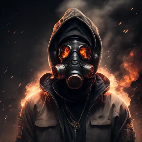 A man with gas mask with neon lights, looking at the viewer, side eye, white hood, gas mask, gas mask orange lights, X-shaped eyes, X-shaped eyes glowing orange, black gloves, white hood, bloodstained clothes, white clothes with blood, white coat, white vest