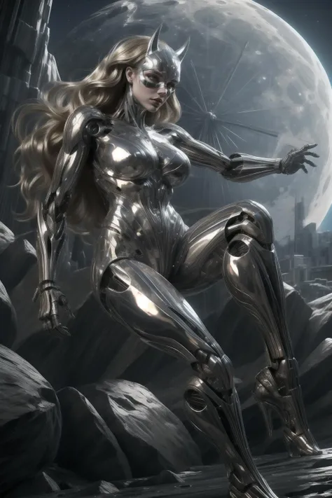 by hajime sorayama, ((masterpiece)), ((realistic)), (best quality:1.2), sublime 30 year old woman with druuna shapes, walking towards me, very long and curly hair, detailed hair, determined and intense look, very detailed eyes, electric atmosphere, lightly defined abs, in a futuristic city