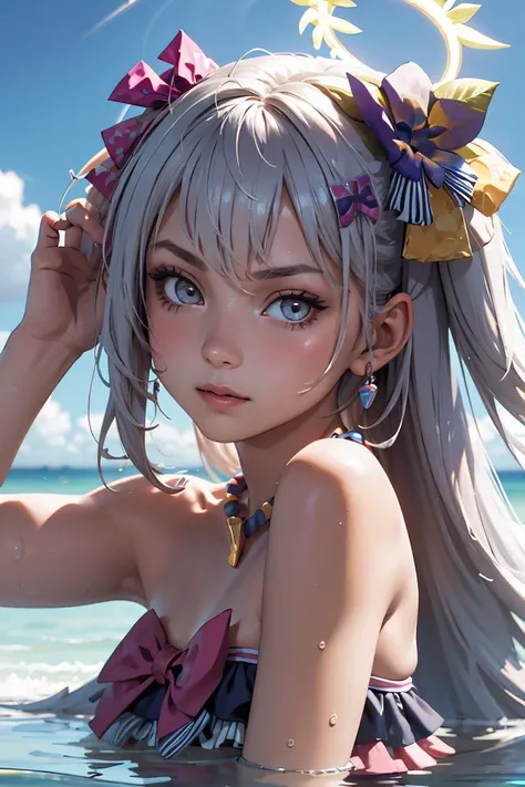 Realistic, 1 girl, Gray Hair, Low Ponytail、Curly Hair、Yellow Eyes, Shining Eyes, Leopard print bikini, Sweat, Lips parted, blush, night, Flowers, sun, sunlight,Nice body、