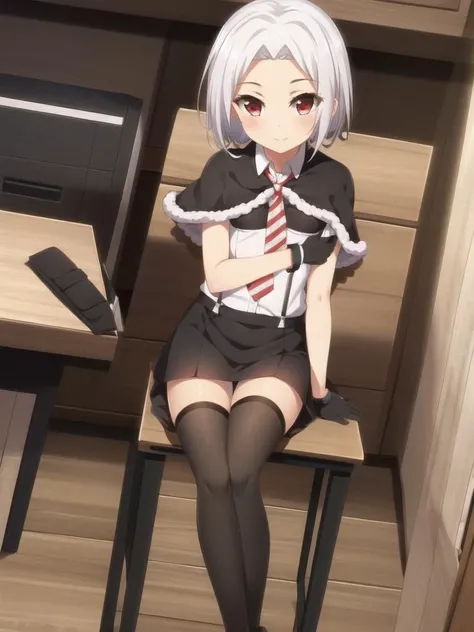 1girl, solo, striped necktie, thighhighs, suspenders, red eyes, necktie, shirt, striped, looking at viewer, white hair, skirt, white shirt,black skirt, short hair, black thighhighs, smile, gloves, fur trim, parted bangs, bangs, capelet, miniskirt, black gloves, cape, hair ornament,
holding, sitting, closed_mouth, indoors, cup,window, feet_out_of_frame, chair, border, crossed_legs, desk, breast_hold, contemporary, paper, office_lady, arm_under_breasts, office
<lora:R维内托:0.7>
