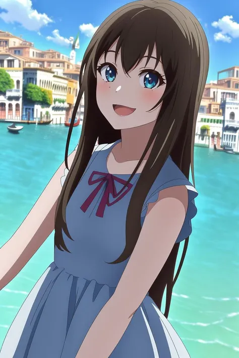 <lora:hashimotokanna2_lora:1> 1girl wearing a dress,(in venice:1.2), beautiful detailed eyes, perfect anatomy, smiling,long hair, 8k, masterpiece, absurdres, anime,