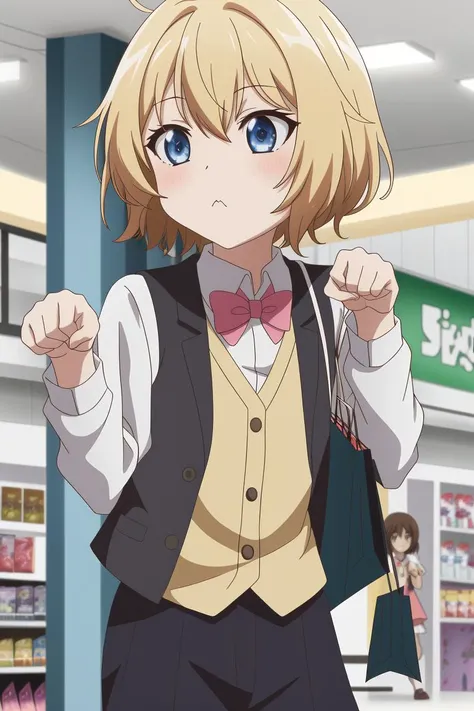 1 genderfluid helicopter,
starry print shaggy hair, starry print eyes, paw pose, looking away, dress shirt, vest, ;<, A busy shopping mall with people and stores in the background., 8k, masterpiece, absurdres, anime,