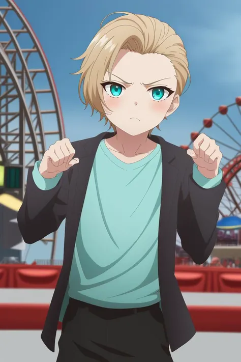 1boy,
hazel hair slicked back, turquoise eyes, paw pose, looking at viewer, long-sleeved shirt, serious, A futuristic amusement park with rides and attractions., 8k, masterpiece, absurdres, anime,