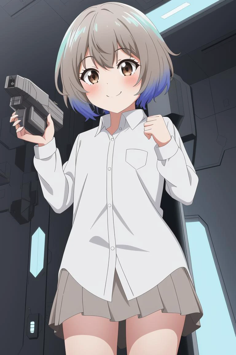 1girl, cute
iridescence shaggy hair, brown eyes, claw pose, looking down, dress shirt, kind smile, A futuristic spaceship with thrusters and laser guns., 8k, masterpiece, absurdres, anime,