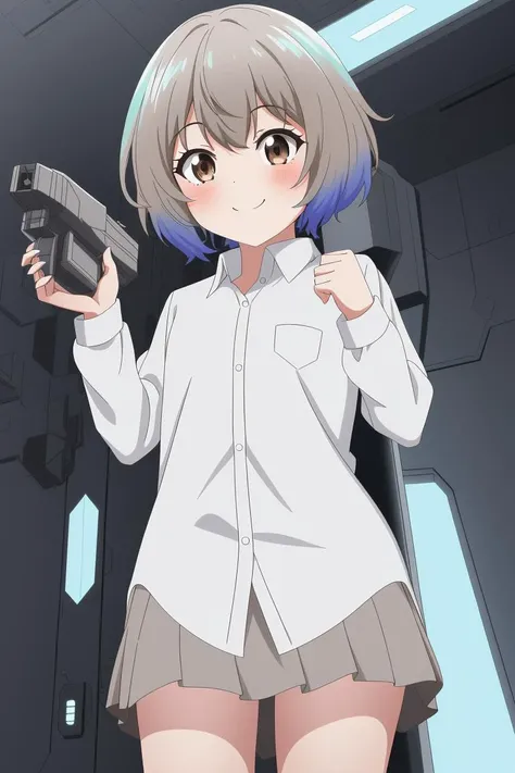 1girl, cute
iridescence shaggy hair, brown eyes, claw pose, looking down, dress shirt, kind smile, A futuristic spaceship with thrusters and laser guns., 8k, masterpiece, absurdres, anime,