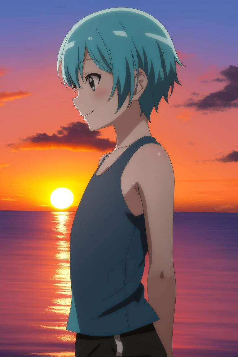 1boy,
aqua pixie cut, black eyes, arms behind back, looking to the side, tank top, smile, A beautiful sunset with warm colors and a calm ocean., 8k, masterpiece, absurdres, anime,