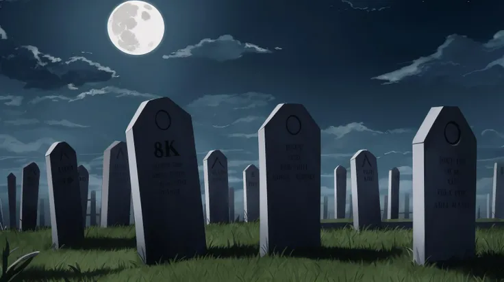 A gloomy cemetery with gravestones and a full moon., 8k, masterpiece, absurdres, anime,