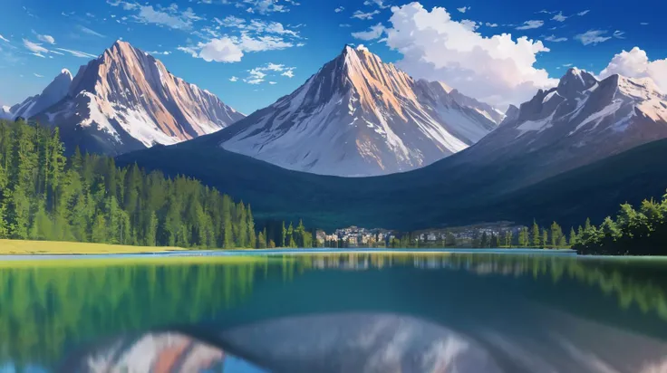 A serene lake with mountains in the background., 8k, masterpiece, absurdres, anime,