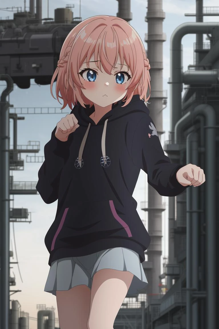1girl, cute
iridescence french braid, starry print eyes, paw pose, looking down, hoodie, :/, A run-down factory with pipes and smokestacks., 8k, masterpiece, absurdres, anime,