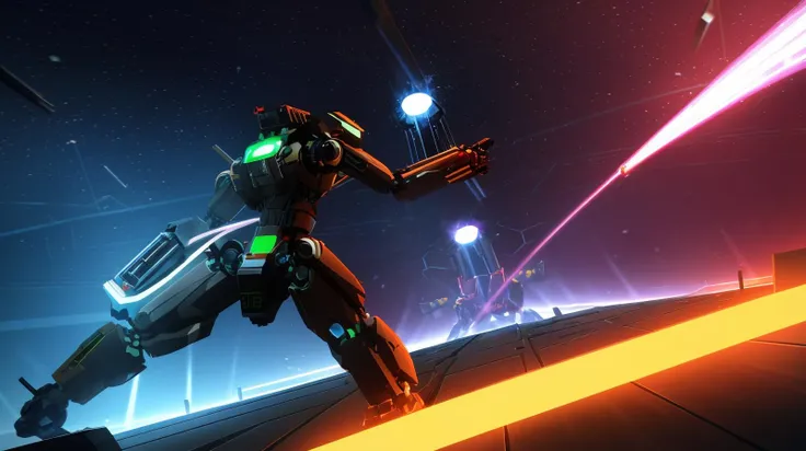 A futuristic battle arena with robots and lasers., 8k, masterpiece, absurdres, anime,