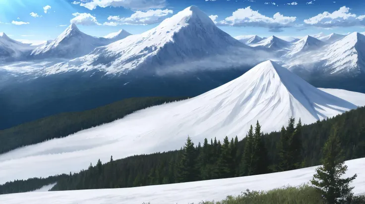 A snowy mountain peak with a clear view of the valley below., 8k, masterpiece, absurdres, anime,