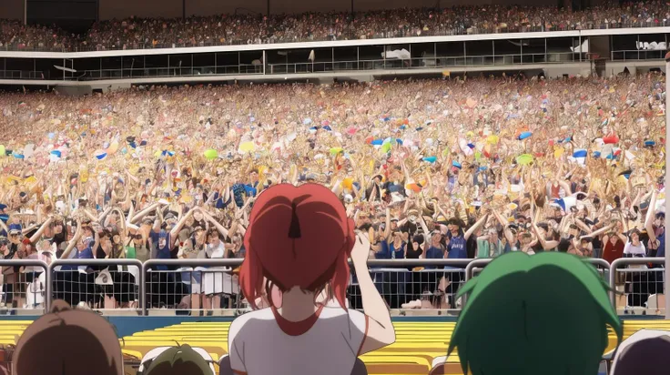 A crowded concert with a band and cheering fans., 8k, masterpiece, absurdres, anime,