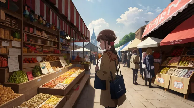 A medieval market with vendors and shoppers., 8k, masterpiece, absurdres, anime,