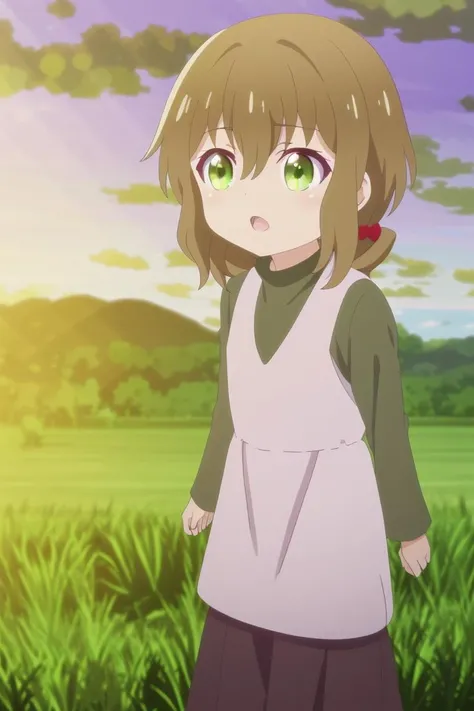 (exorbitantly fantastically beautiful illustrated picture-perfect), ( shiny ddler shuri , brown hair, solo, 1girl, amethyst green eyes, hair between eyes, anime coloring <lora:Shuri-05:0.7>), (outdoors, clouds and fields in background, sunny summer day), 8k, masterpiece, absurdres, anime,