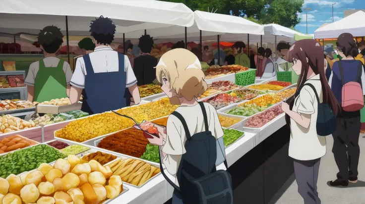 A crowded street market with food and vendors., 8k, masterpiece, absurdres, anime,