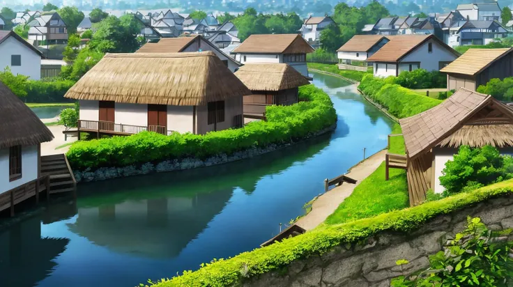 A peaceful village with thatched roofs and a river nearby., 8k, masterpiece, absurdres, anime,