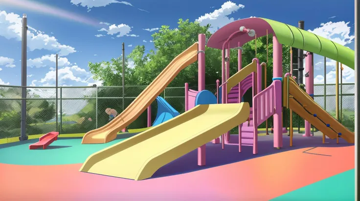 A colorful playground with a slide and swings., 8k, masterpiece, absurdres, anime,