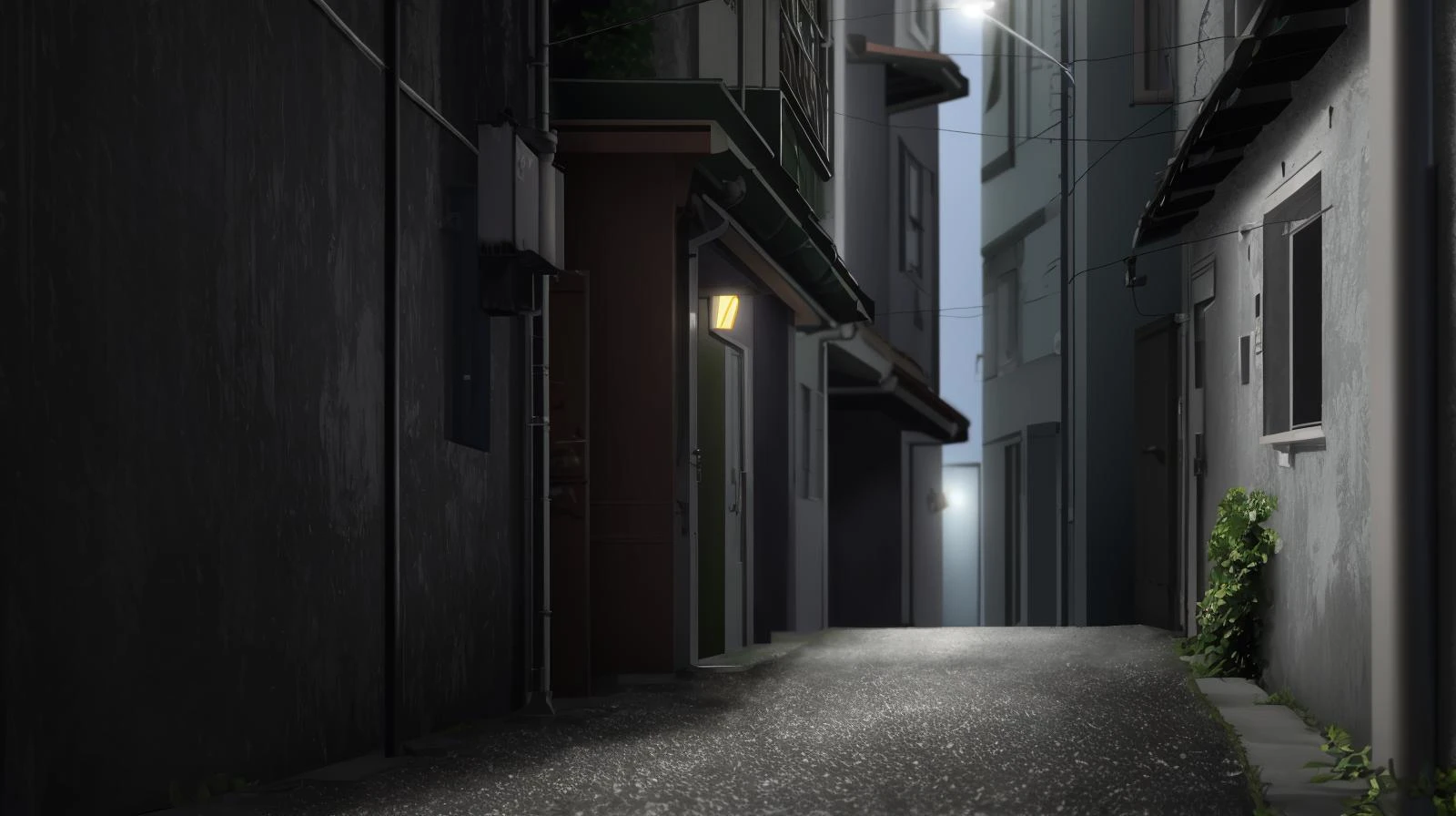 A dark alleyway with a single light illuminating the way., 8k, masterpiece, absurdres, anime,