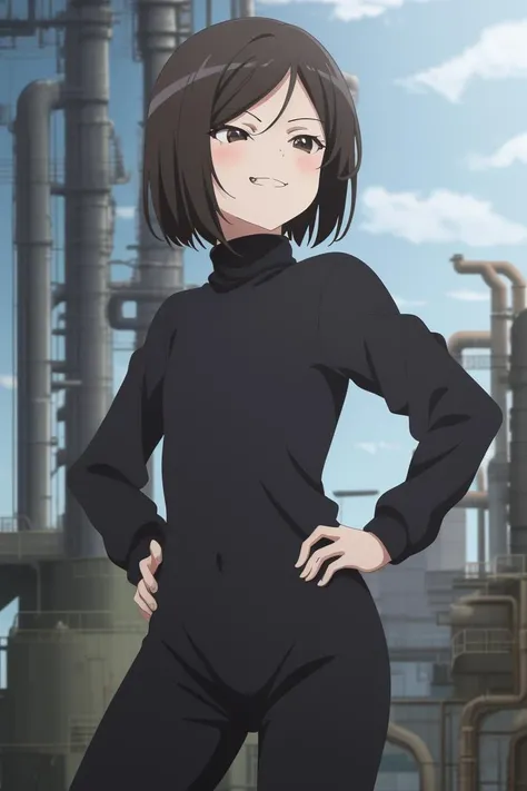 1girl, cute
black bob, brown eyes, pray hand on hip, looking away, turtleneck, (squinting eyes:1.4) smile, A run-down factory with pipes and smokestacks., 8k, masterpiece, absurdres, anime,