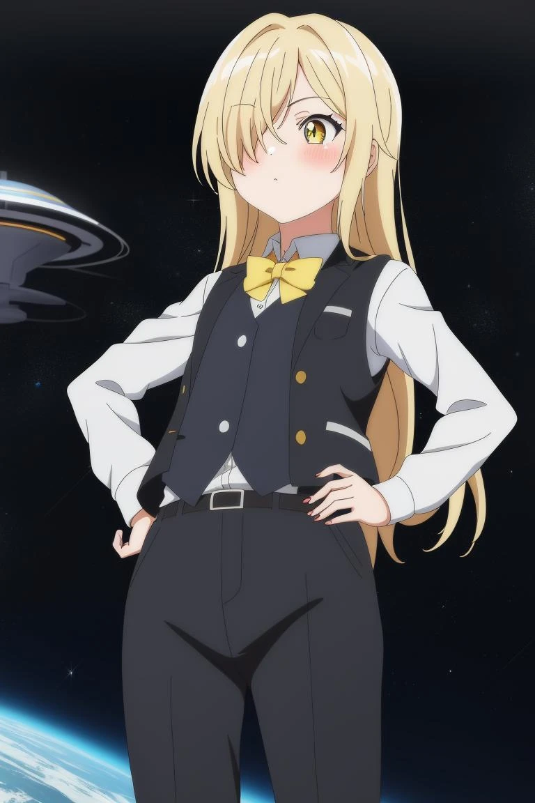1girl, cute
yellow hair over one eye, starry print eyes, pray hand on hip, looking afar, dress shirt, vest, pupils sparkling, A futuristic spaceport with spaceships and aliens., 8k, masterpiece, absurdres, anime,