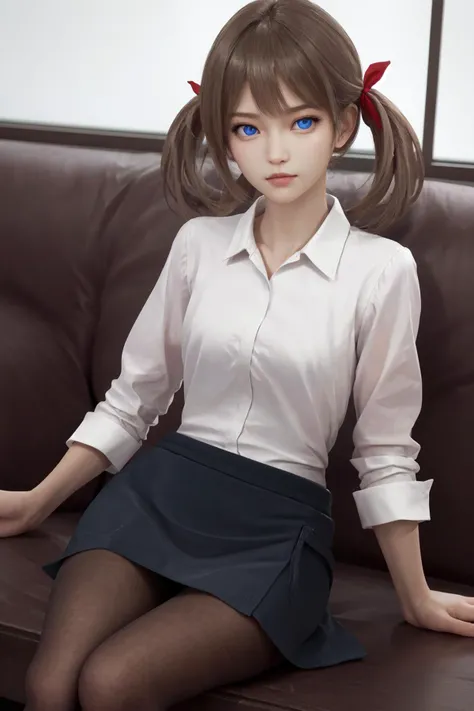 masterpiece, best quality, highres, 1girl blue eyes twintails hair ribbon, white shirt black skirt black pantyhose <lora:yuri:1> photorealistic, sitting