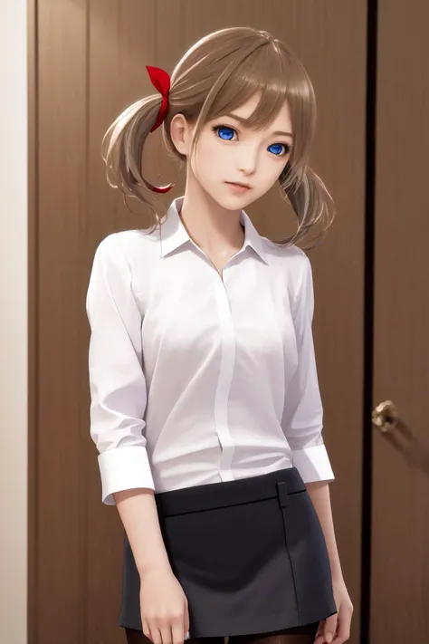 masterpiece, best quality, highres, 1girl blue eyes twintails hair ribbon, white shirt black skirt black pantyhose <lora:yuri:1> photorealistic