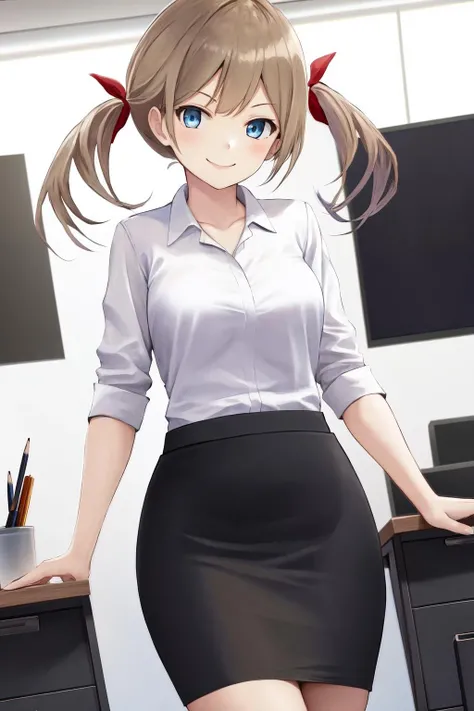 masterpiece, best quality, highres, 1girl blue eyes twintails hair ribbon <lora:yuri_no_outfit:1> smile, white shirt pencil skirt, suit, office lady