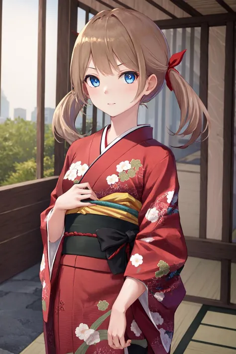 masterpiece, best quality, highres, 1girl blue eyes twintails hair ribbon <lora:yuri_no_outfit:1> kimono