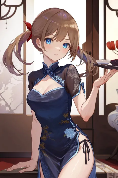 masterpiece, best quality, highres, 1girl blue eyes twintails hair ribbon <lora:yuri_no_outfit:1> china dress