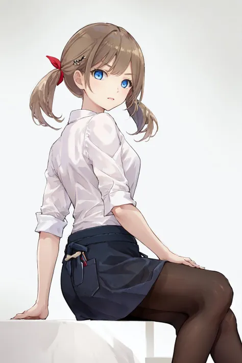 masterpiece, best quality, highres, 1girl blue eyes twintails hair ribbon, white shirt black skirt black pantyhose <lora:yuri:1> sitting, from side