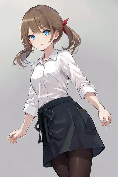 masterpiece, best quality, highres, 1girl blue eyes twintails hair ribbon, white shirt black skirt black pantyhose <lora:yuri:1>