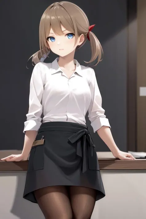 masterpiece, best quality, highres, 1girl blue eyes twintails hair ribbon, white shirt black skirt black pantyhose <lora:yuri:1>