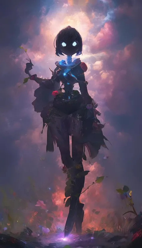 NatureVRM a person standing, masterpiece, best quality, light particle, depth of field, , field, scenery, fantasy, , red light, blue light, far away, no humans, pastel colors, chromatic aberration abuse, dark, cloudy sky, space, blue aura, aura, cinematic, dark atmosphere, day, dark hole, glowing eyes, purple light, illumination, cliff, sword, floating object, monster, eye in the sky <lora:xl_NatureVRM:0.7>