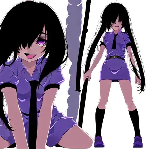 long black hair in a down style, messy hair, long eyelashes, purple eyes that fade to hot pink top to bottom, dark circles under eyes, sharp shaped eyes, small fangs, pointed bangs that hang over eyes partially obscuring them, full body, hospital room, in hospital clothes