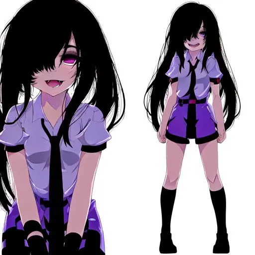 long black hair in a down style, messy hair, long eyelashes, purple eyes that fade to hot pink top to bottom, dark circles under eyes, sharp shaped eyes, small fangs, pointed bangs that hang over eyes partially obscuring them, full body, hospital room, in hospital clothes