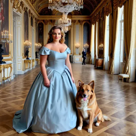 professional photograph, full body shot of curvy woman <lora:kelbrook_xl_1_standard_wo_cap_merger_28_61_03_07:1>, photorealistic, wearing reinassance dress, she's at a party in Versailles, enjoying a ball with nobility, it's an elegant palace with golden trim on the walls, paintings, she's in a grand lobby, ball room, she's posing and looking at the viewer, standing besides a fluffy dog. ray-tracing on. Beautiful woman, bright eyes, grin. Retro image. masterpiece, highest quality, absurdres, 4k, 8k.