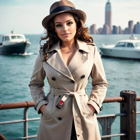 professional photograph of woman, 30yo, curvy body, wearing a trenchcoat, a tie, a shirt, jacker and suit pants. She's a gangster in the italian mob, 60s era, she's standing in the docks of New York, looking out to the sea. Looking away. Long hair under a brown fedora. Beautiful woman, bright eyes, grin. Retro image. masterpiece, highest quality, absurdres, 4k, 8k. <lora:kelbrook_xl_1_standard_wo_cap_merger_28_61_03_07:1>