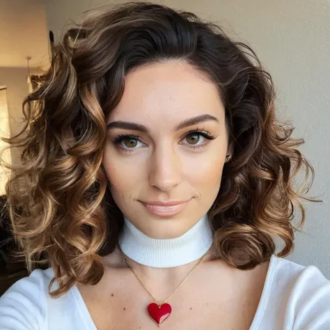Looking straight at the camera, Film grain, skin texture, Instagram closeup selfie of a woman with beautiful wavy hair wearing a heart necklace,f/1.8,wearing a tutleneck shirt, <lora:kelbrook_xl_1_standard_wo_cap_merger_28_61_03_07:1>