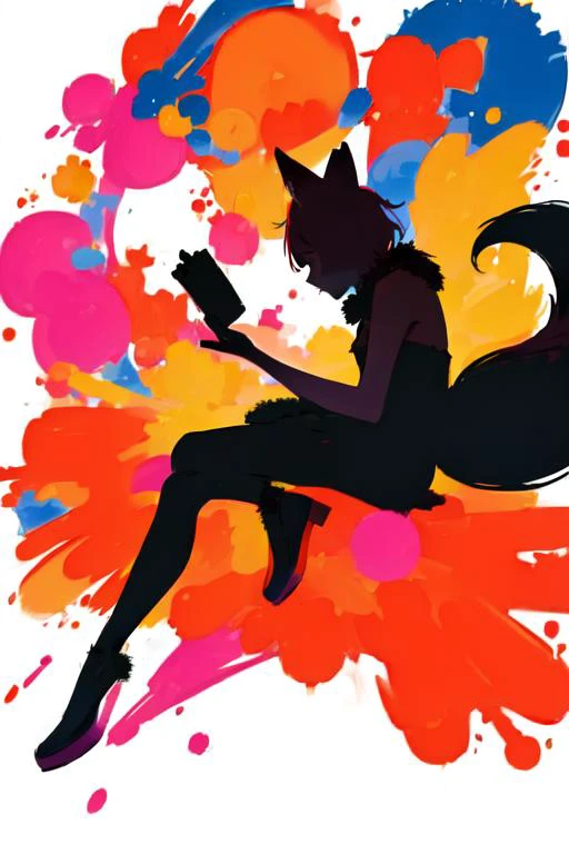 (masterpiece,best quality), colorful splash, 1girl, girl with fox, animal, cuddly, friendship, warm, cozy, fox, tail, fur, red, (white background:1.0), (silhouette:1.0), <lora:2337MixDLC2ForFishMix_v11:1>