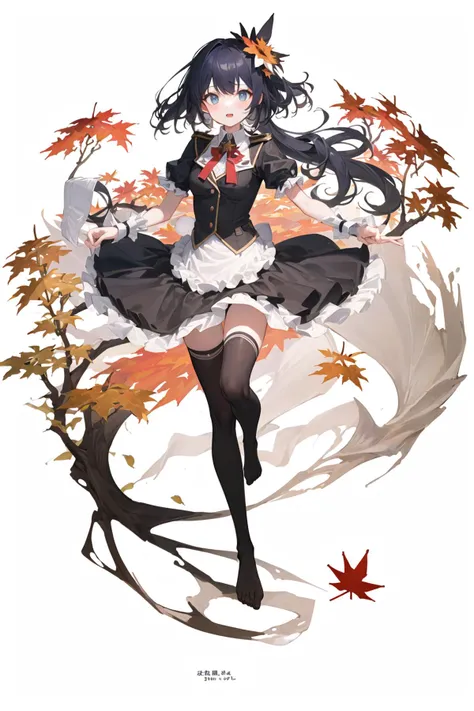 ((masterpiece,best quality)), color splash, white background, silhouette, bunny girl, 1girl, solo, school uniform, barefoot, branch, hair flower, hair ornament, leaf, (maple leaf:1.5)
