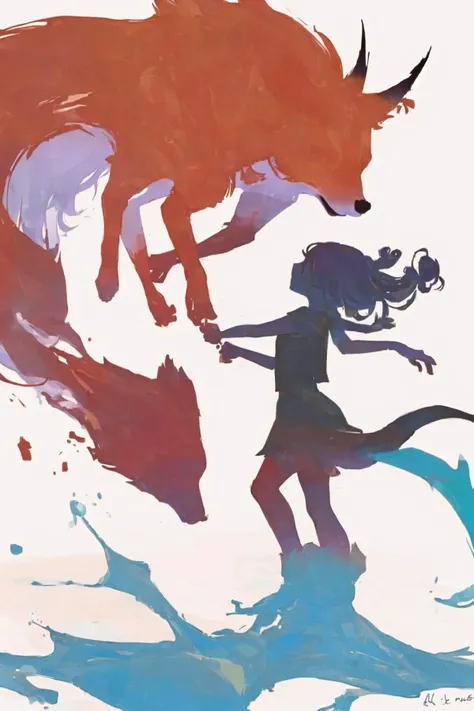 (masterpiece,best quality), colorful splash, girl with fox, cuddly, friendship, warm, cozy, fox, (kitsune:1.2), fox goddess, (white background:1.1), (silhouette:1.2), <lora:2337MixDLC2ForFishMix_v11:1>