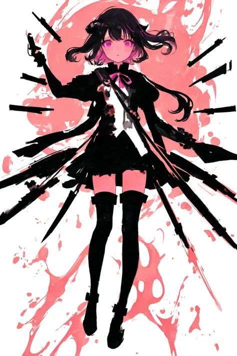 (masterpiece,best quality), color splash, white background, (silhouette:1.2), knife psycho killer girl, 1girl, solo, night club uniform, thigh boots, pink legwear, horns, fire, flames, <lora:2337MixDLC2ForFishMix_v11:1>